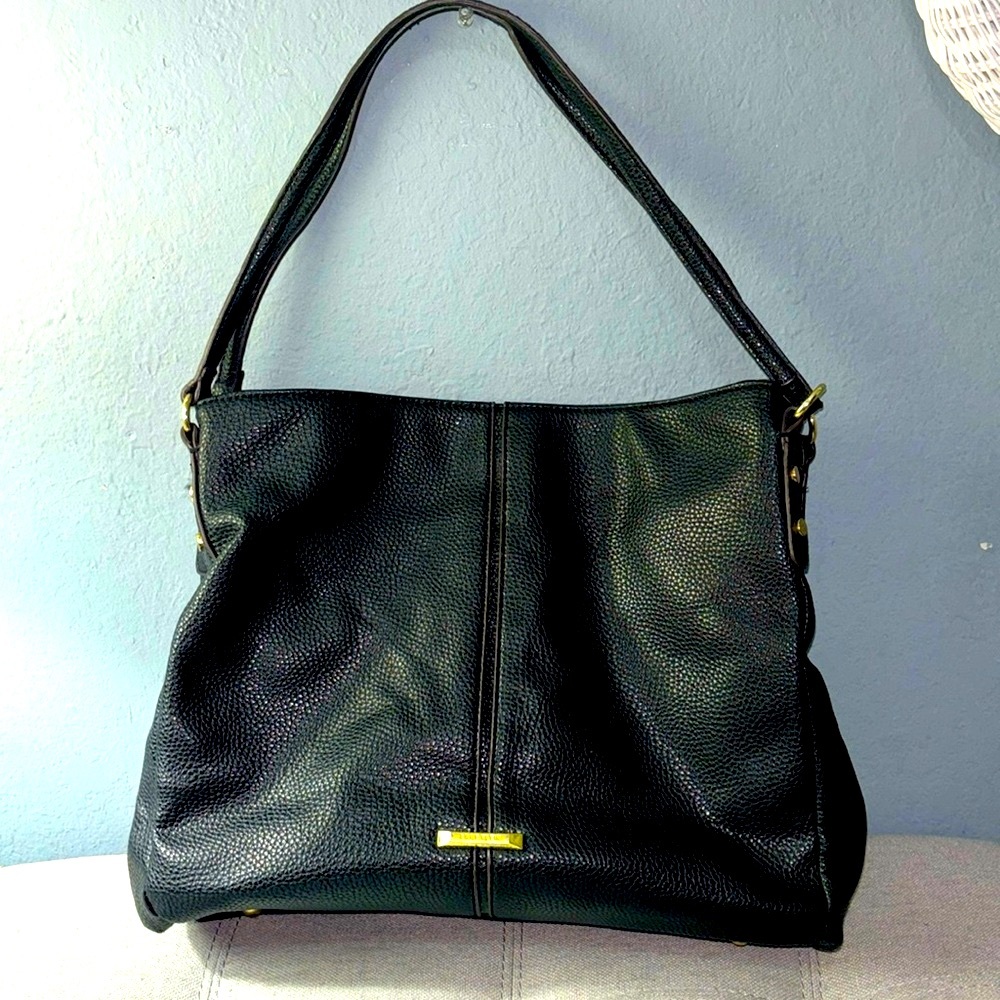 ANNE KLEIN Black Pebbled Leather Hobo Shoulder Bag Purse Double Strap